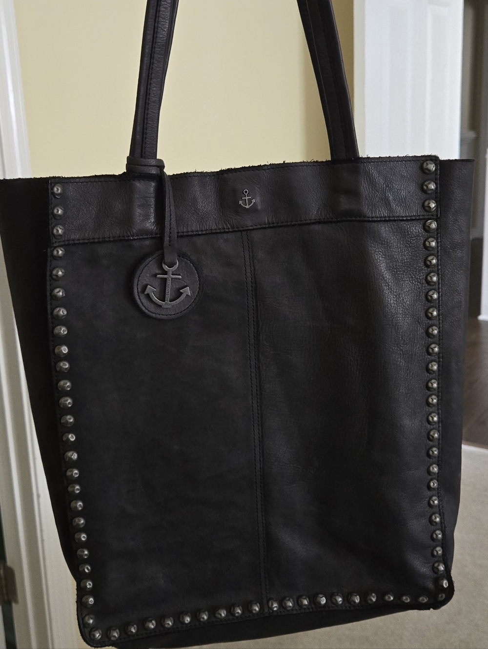 Anchor Emblem Black Leather Tote Bag with Stud Trim